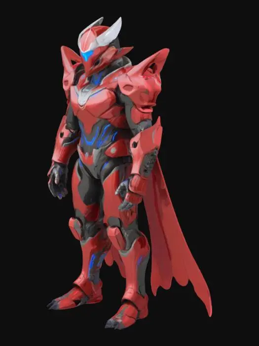 3D model for Create a futuristic 3D armored suit called the Tyranno Key Armor, inspired by the sleek, smooth design of the Netflix Ultraman suit. The armor features metallic red and gunmetal silver segmented plating with glowing blue energy lines. The helmet is streamlined and aerodynamic like Ultraman’s, with a smooth, polished surface and a retractable visor that slides seamlessly over glowing eyes. Subtle T. rex motifs appear as textured accents rather than bulky shapes. The suit includes a bone-like energy sceptre with power cores and a regal holographic cape with shifting dinosaur-scale textures from blue to red. Emphasize muscular agility, clean topology, and animation-ready geometry under dramatic sci-fi lighting.

