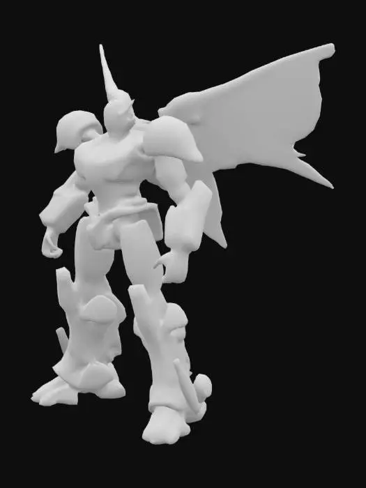 3D model for Titanrex Prime, a towering fusion mech formed from four extinct beasts. Its head resembles Optimus Prime or a Tobot, with a heroic angular helmet, silver mouthplate mask, and glowing red retractable visor. Velociraptor forms the sleek upper torso with fang-like chest plating, sharp raptor motifs, and glowing circuitry. Quetzalcoatlus creates massive cybernetic wings with plasma-feather edges, turbine jets, and clawed jet arms with integrated blasters. Woolly Mammoth forms the heavy lower torso and legs, featuring cryo-tusk pauldrons, reinforced ice-core thighs, frost exhausts, seismic stompers, and glowing stabilizers. Spinosaurus contributes a glowing dorsal sail, hydraulic clawed tail, twin aqua-cannons on the back, and a pulsing hydro-core reactor along the spine.