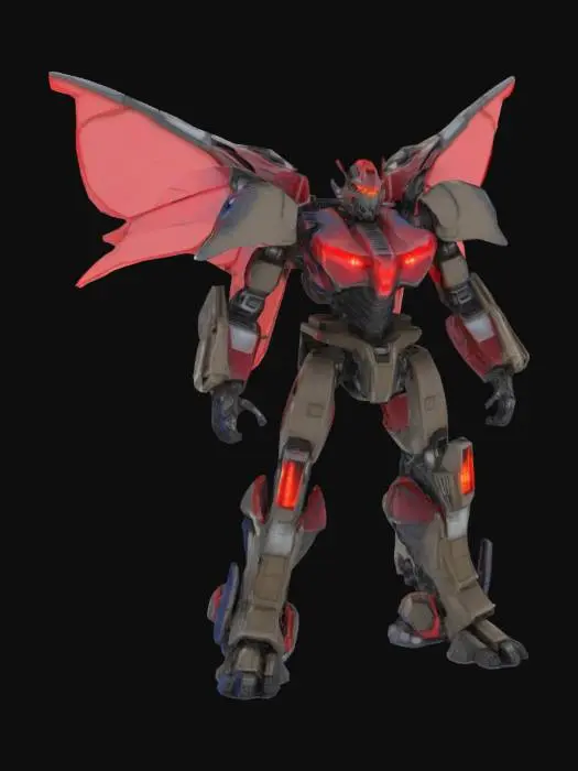 3D model for Titanrex Prime, a towering fusion mech formed from four extinct beasts. Its head resembles Optimus Prime or a Tobot, with a heroic angular helmet, silver mouthplate mask, and glowing red retractable visor. Velociraptor forms the sleek upper torso with fang-like chest plating, sharp raptor motifs, and glowing circuitry. Quetzalcoatlus creates massive cybernetic wings with plasma-feather edges, turbine jets, and clawed jet arms with integrated blasters. Woolly Mammoth forms the heavy lower torso and legs, featuring cryo-tusk pauldrons, reinforced ice-core thighs, frost exhausts, seismic stompers, and glowing stabilizers. Spinosaurus contributes a glowing dorsal sail, hydraulic clawed tail, twin aqua-cannons on the back, and a pulsing hydro-core reactor along the spine.