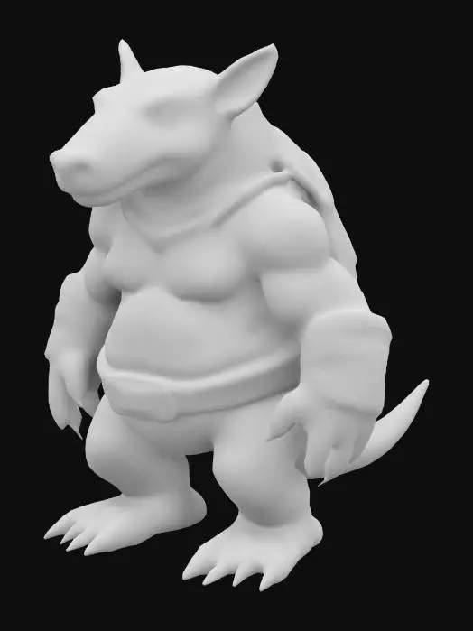 3D model for An anthropomorphic armadillo standing upright with a muscular yet approachable build. Its tough, segmented armor-like shell wraps around its body, blending seamlessly into its humanoid figure. The arms and legs are sturdy, with clawed hands and feet that retain their natural armadillo traits. The character has expressive, kind eyes and a confident posture, with subtle texture detailing on its shell and skin. Its outfit is minimal, complementing its natural armor.