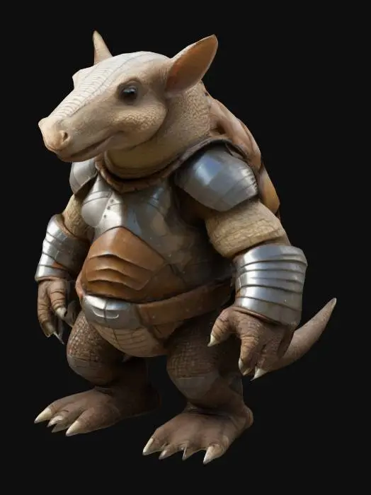 3D model for An anthropomorphic armadillo standing upright with a muscular yet approachable build. Its tough, segmented armor-like shell wraps around its body, blending seamlessly into its humanoid figure. The arms and legs are sturdy, with clawed hands and feet that retain their natural armadillo traits. The character has expressive, kind eyes and a confident posture, with subtle texture detailing on its shell and skin. Its outfit is minimal, complementing its natural armor.