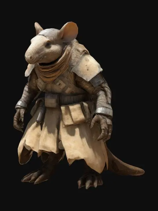 3D model for armadillo with apocalyptic desert clothing. The character should have humanoid features while retaining distinct armadillo traits such as a segmented shell and clawed limbs. The character should wear desert-themed attire that includes elements like tattered robes, protective gear, and accessories suited for a post-apocalyptic environment. The textures should highlight the rough, worn appearance of both the armadillo skin and the apocalyptic clothing.