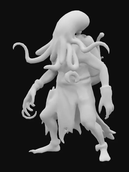 3D model for alien creature with an octopus head, from a post-apocalyptic desert planet. The character should have a rugged, survivalist look with detailed limbs and tentacles. Ensure the rig includes articulated limbs, a flexible spine, and facial expressions. The creature should wear tattered desert gear and accessories. Highlight textures that show both the alien skin and the weathered clothing