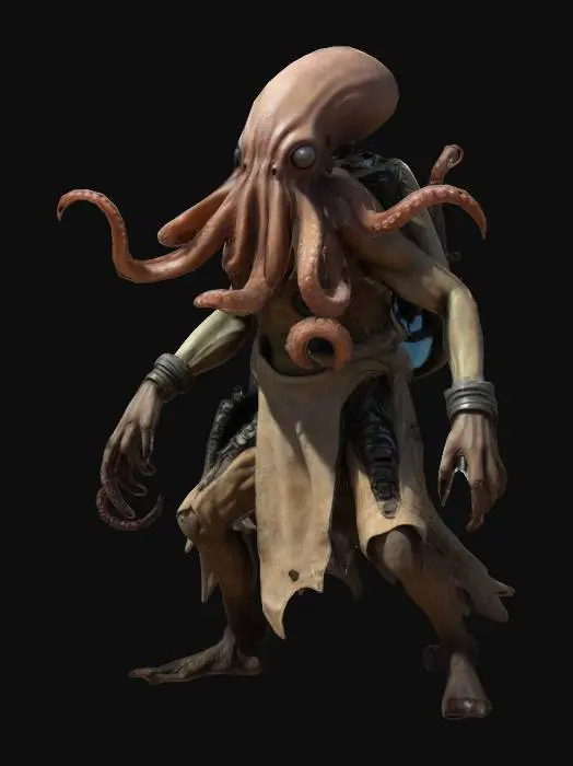 3D model for alien creature with an octopus head, from a post-apocalyptic desert planet. The character should have a rugged, survivalist look with detailed limbs and tentacles. Ensure the rig includes articulated limbs, a flexible spine, and facial expressions. The creature should wear tattered desert gear and accessories. Highlight textures that show both the alien skin and the weathered clothing