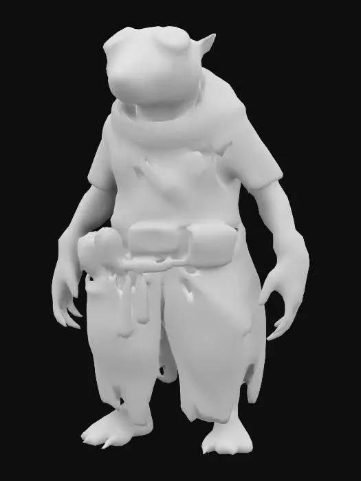 3D model for armadillo with apocalyptic desert clothing. The character should have humanoid features while retaining distinct armadillo traits such as a segmented shell and clawed limbs. The character should wear desert-themed attire that includes elements like tattered robes, protective gear, and accessories suited for a post-apocalyptic environment. The textures should highlight the rough, worn appearance of both the armadillo skin and the apocalyptic clothing.