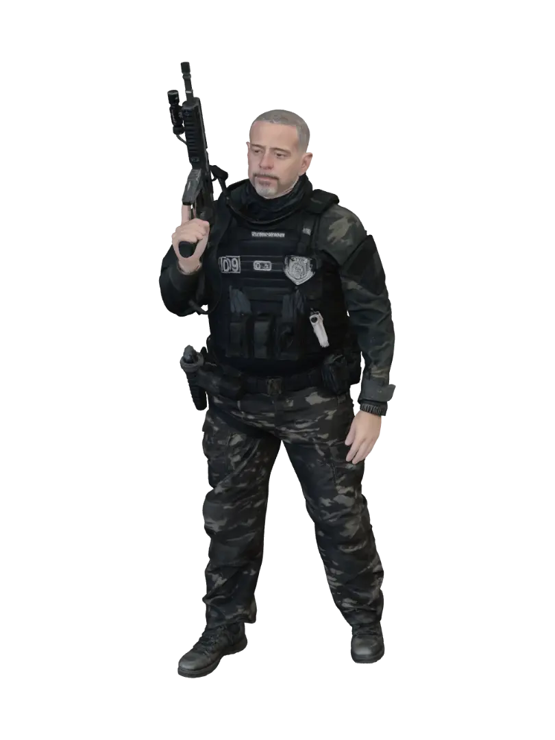 Tactical Police Officer with Rifle - Standoff 3D model, vytvořený pomocí AI