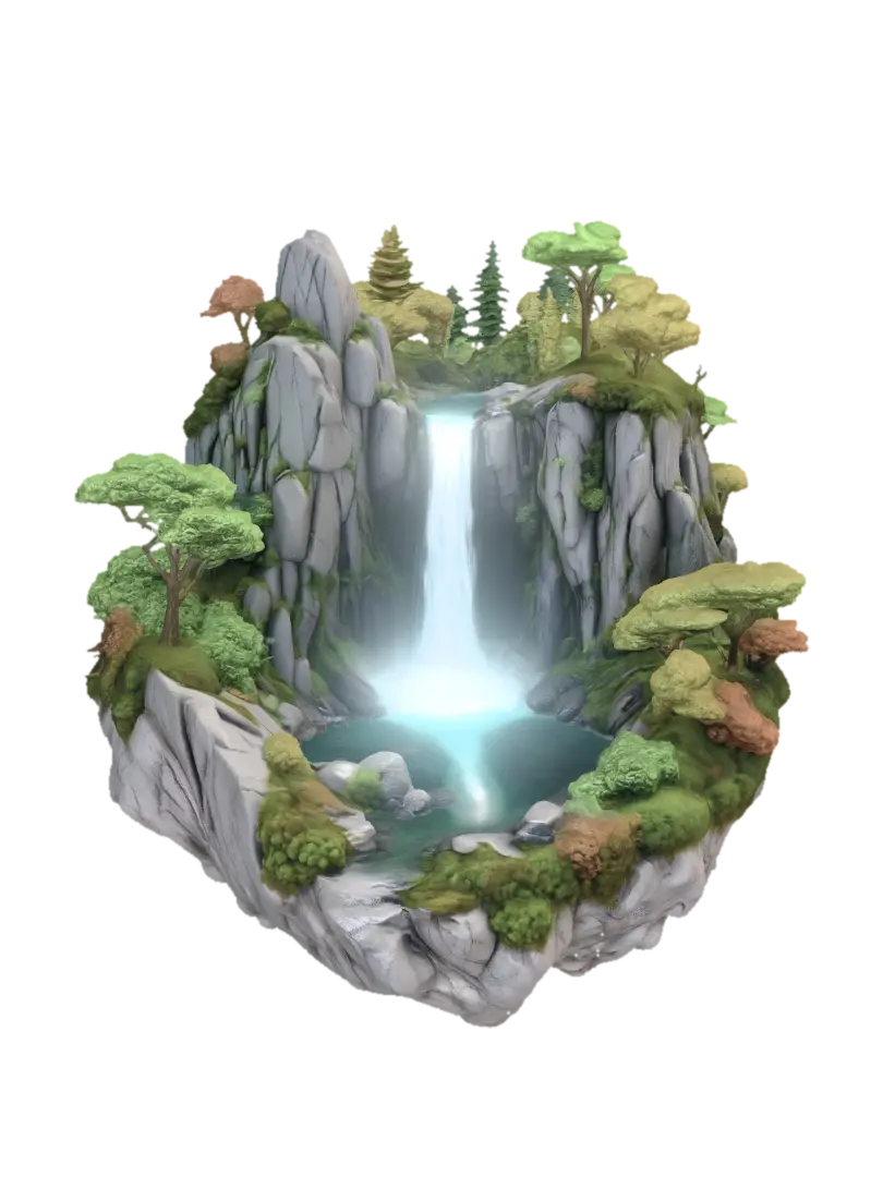Floating Island Waterfall Sanctuary 3D model, vytvořený pomocí AI