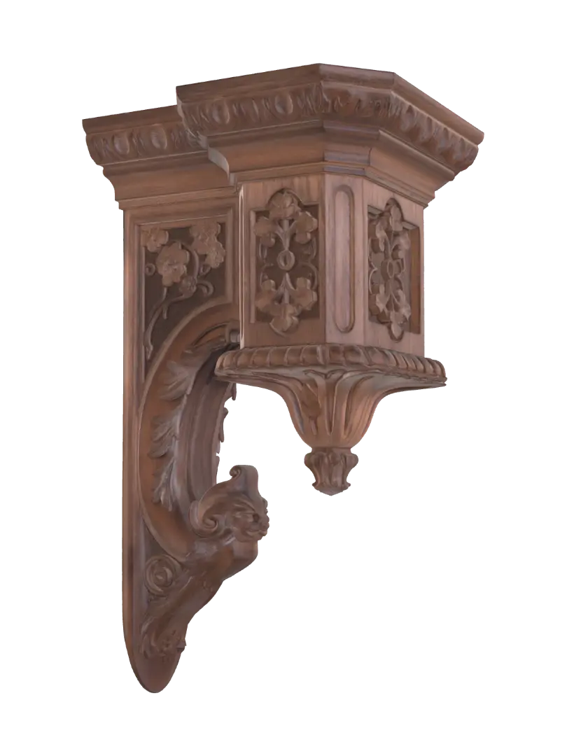 Modelo 3D de Ornate Carved Wooden Shelf Bracket - Scrollwork, gerado por IA