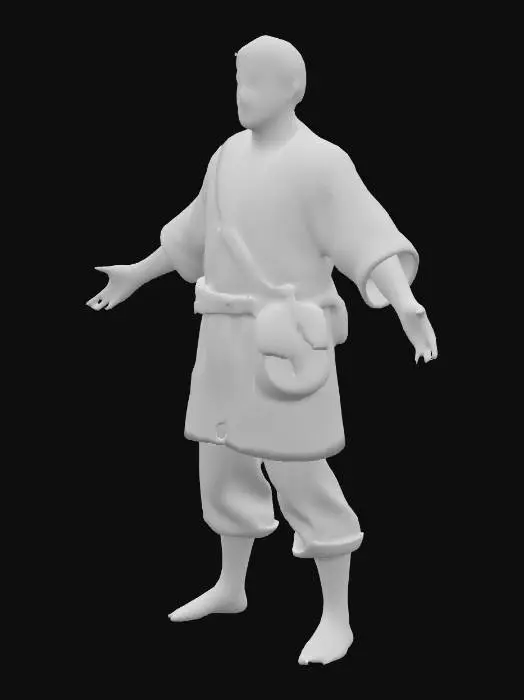 3D model for Generate a game-ready 3D model of a medieval long upper worn shirt, loose-fitting, made of weathered linen, belted at the waist with a worn leather belt and iron buckle, paired with a leather satchel slung over the shoulder. The model should have a rugged, slightly dirty appearance with PBR textures, optimized for game engines.