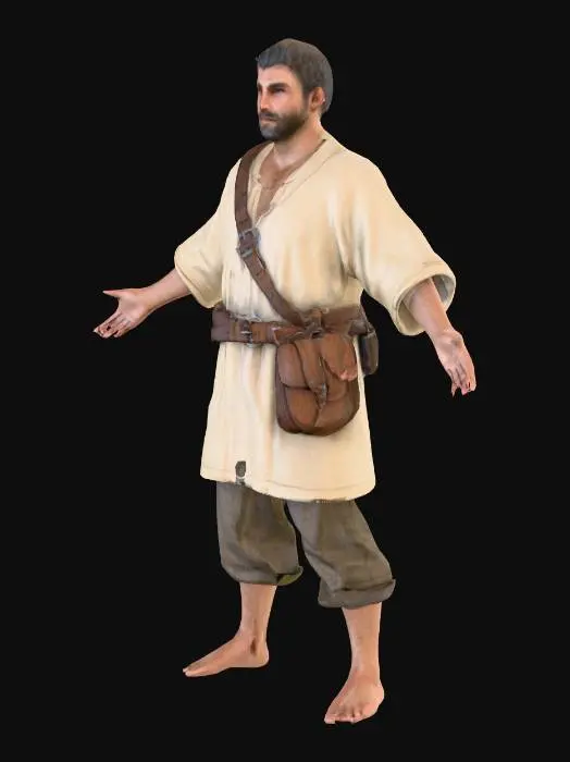 3D model for Generate a game-ready 3D model of a medieval long upper worn shirt, loose-fitting, made of weathered linen, belted at the waist with a worn leather belt and iron buckle, paired with a leather satchel slung over the shoulder. The model should have a rugged, slightly dirty appearance with PBR textures, optimized for game engines.