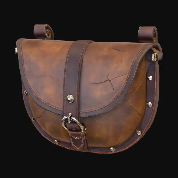 3D model for medieval lether pouch, different lether colors form light brown to dark bron, shabby, worn up. Semicircular at down form factor