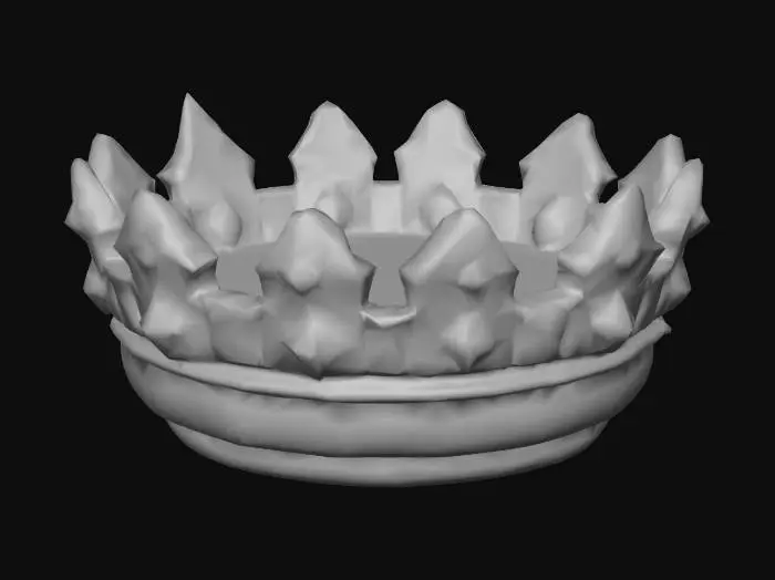 3D model for Una corona voxelada de estilo geométrico, con una forma circular compuesta de bloques dorados. Presenta una base lisa y robusta, sobre la cual se elevan ocho puntas cuadradas y equidistantes, formando un borde superior dentado. Una banda horizontal de color rojo vibrante rodea la base principal, y cuatro gemas cuadradas de un azul brillante están incrustadas uniformemente, rompiendo la textura uniforme del oro. El conjunto tiene un acabado liso y pulido, con un aspecto de metal dorado simplificado y moderno.