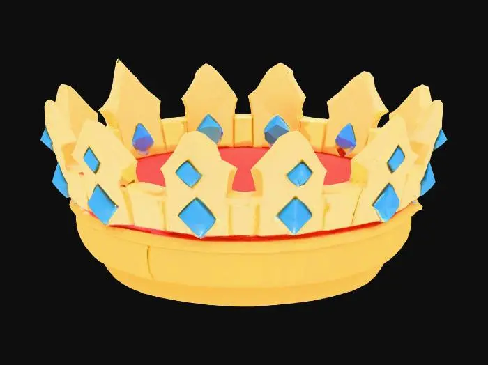 3D model for Una corona voxelada de estilo geométrico, con una forma circular compuesta de bloques dorados. Presenta una base lisa y robusta, sobre la cual se elevan ocho puntas cuadradas y equidistantes, formando un borde superior dentado. Una banda horizontal de color rojo vibrante rodea la base principal, y cuatro gemas cuadradas de un azul brillante están incrustadas uniformemente, rompiendo la textura uniforme del oro. El conjunto tiene un acabado liso y pulido, con un aspecto de metal dorado simplificado y moderno.