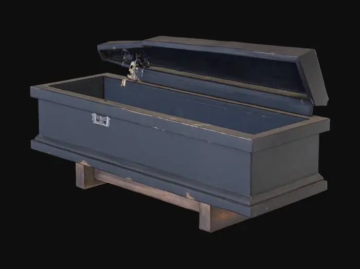 3D model for Open Casket with no one inside, black, weathered, beaten, scary.