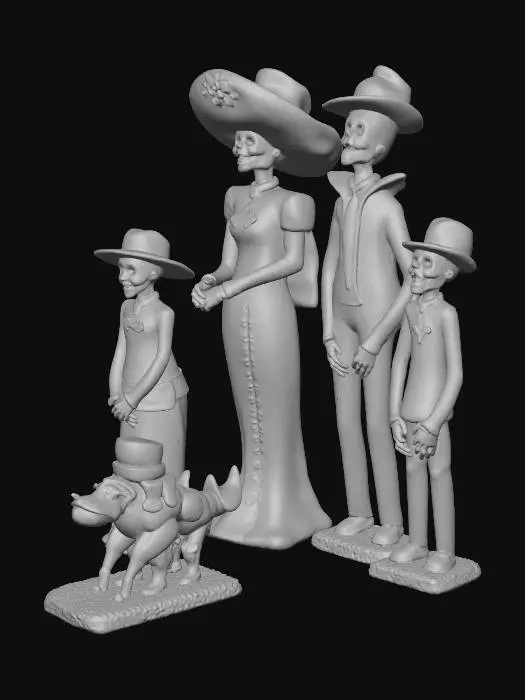 3D model for theres 3 ghouls/ a skeleton family in this photo in black with skeleton faces, please recreate the trio so i can add to my game with precise geometry and color matching thanks