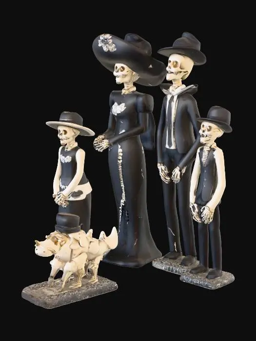 3D model for theres 3 ghouls/ a skeleton family in this photo in black with skeleton faces, please recreate the trio so i can add to my game with precise geometry and color matching thanks