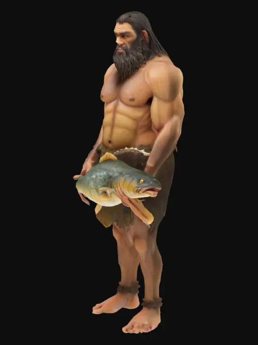 3D model for Crea un uomo di neanderthal che pesca, e ha nelle mani un pesce. Cerca di fare una figura ben definita.
