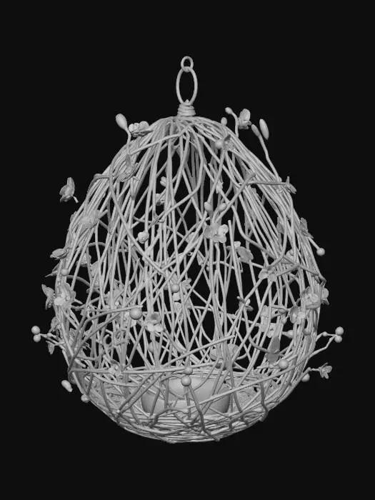 3D model for #EasterEgg2026#, A detailed 3D rendering of an egg-shaped structure, meticulously woven from slender, natural green branches and leafy vines. Scattered across its surface are charming, miniature pink flowers, each with a subtle highlight. A vibrant internal light source glows warmly from within the hollow form, illuminating the intricate vine work and shimmering with fine dust motes against a deep, dark backdrop.