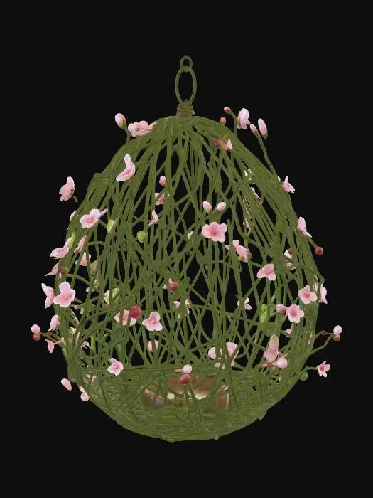 3D model for #EasterEgg2026#, A detailed 3D rendering of an egg-shaped structure, meticulously woven from slender, natural green branches and leafy vines. Scattered across its surface are charming, miniature pink flowers, each with a subtle highlight. A vibrant internal light source glows warmly from within the hollow form, illuminating the intricate vine work and shimmering with fine dust motes against a deep, dark backdrop.