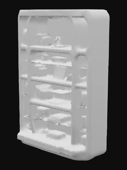 3D model for a futuristic sci-fi bookshelf used by a genius child physicist, asymmetrical modular shelves, filled with glowing scientific instruments, sleek metallic and glass materials, floating quantum books, holographic projections, ambient lighting, white and silver color scheme, studio render style