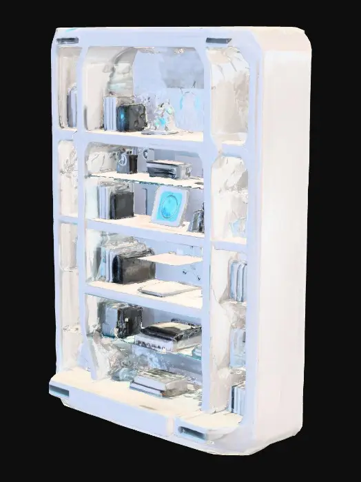 3D model for a futuristic sci-fi bookshelf used by a genius child physicist, asymmetrical modular shelves, filled with glowing scientific instruments, sleek metallic and glass materials, floating quantum books, holographic projections, ambient lighting, white and silver color scheme, studio render style