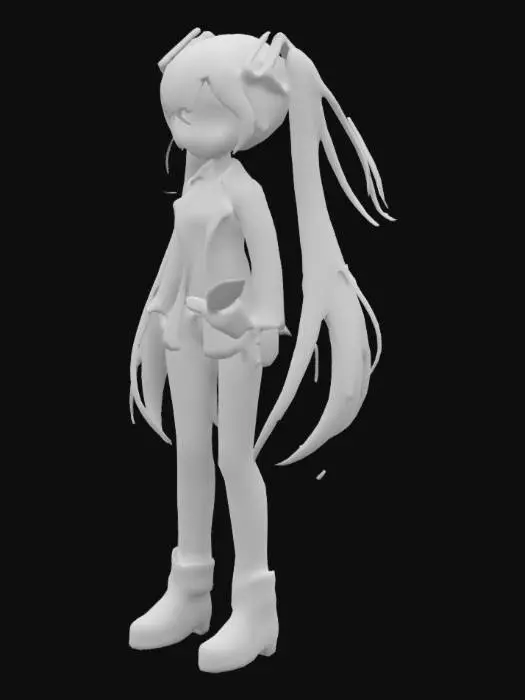 3D model for The object is an illustrated character featuring stylized, Hatsune Miku, flowing teal hair, a blue collared shirt under a beige suit, and holds a knife with a sketch-like texture, embodying a casual yet edgy appearance, anime stylized, high quality, high details, best quality, masterpiece, ultra detailed, detailed face, detailed clothes
