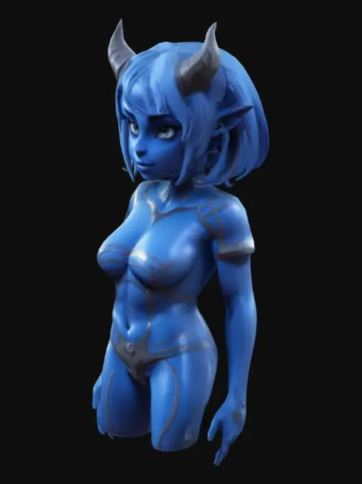 3D model for Stylized female humanoid form with smooth blue skin, anime, anime artstyle, 3d anime, draenei, exaggerated musculature, and features such as horns and pointed ears, conveying a dynamic and slightly glossy texture, medium size hair, big breasts, right anatomy, right proportion, high quality, high details, best quality, masterpiece, fantasy, full blue eyes, glowing eyes, smile, beautiful female, detailed face, detailed body, white t-shirt on chest, brown shirts, upper body