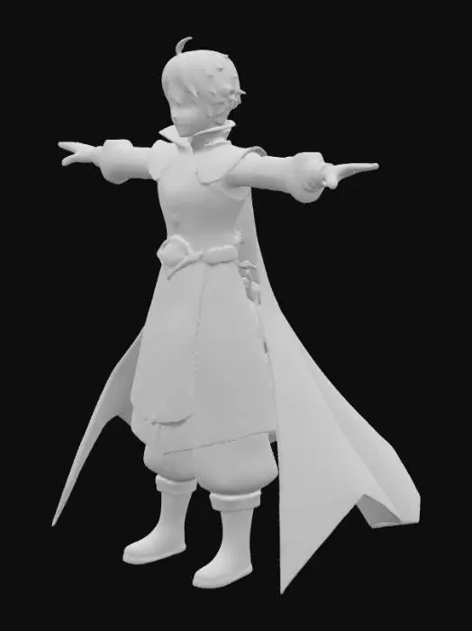 3D model for Highly detailed full-body 3D model of a young male character in a perfect T-pose, inspired by Genshin Impact art style, with realistic human proportions, wearing an ornate magical fantasy outfit — long coat with gold embroidery, layered shoulder armor, decorated belts, high boots, fingerless gloves, flowing cape, vivid blue and gold color palette, high-quality fabric textures, stylized anime-style hair with fine strands, expressive face, clean mesh topology, fully humanoid game-ready rig, optimized for Unreal Engine 4 and Mixamo animations, no weapons in hands, symmetrical pose.
