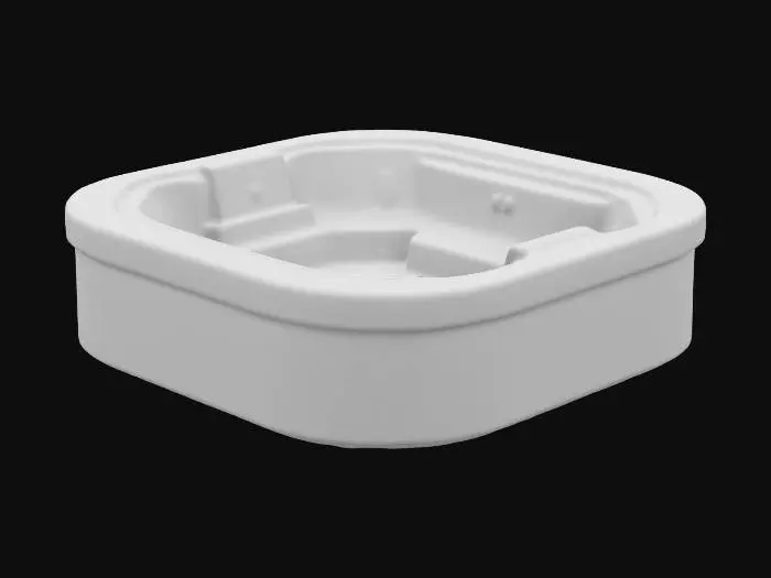 3D model for An empty hot tub. Extremely detailed and realistic, retro lodge style, mid-century modern spaceage, design award-winning, ergonomic, teak. Ultra high definition, expensive quality, thoughtful details