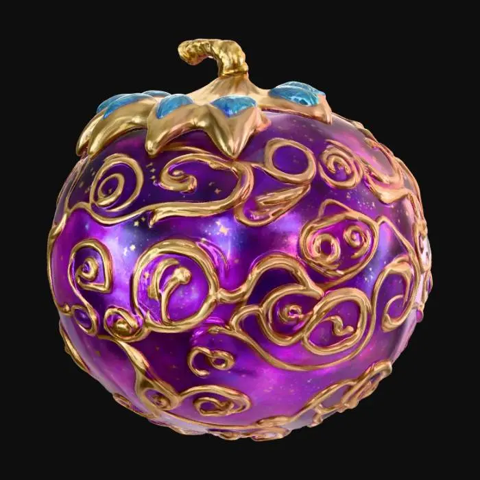 3D model for “3D model of a One Piece Devil Fruit representing time and space. Round fruit with swirling patterns, glowing purple, blue, silver, and gold. Cosmic starry texture with galaxy-like swirls. Subtle clockwork details like gears and an hourglass motif. Twisted glowing stem, mystical and legendary design.”