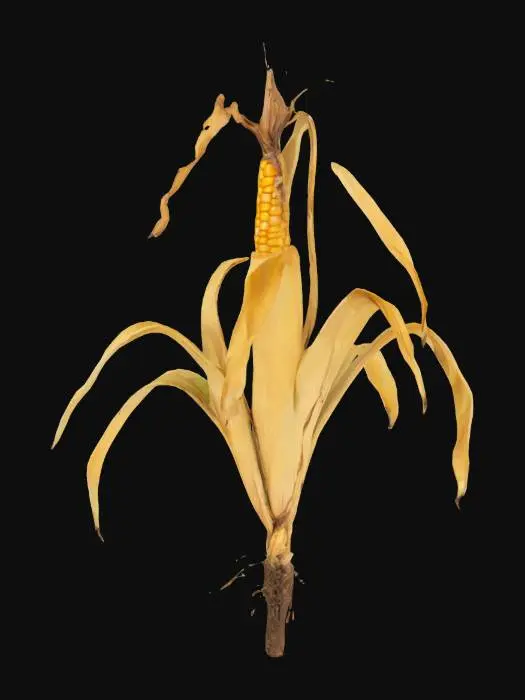 3D model for Createdead or withered corn plant  The stalks should be thin, brittle, and leaning or drooping. Leaves are dry, shriveled, and curled, hanging limp from the stem. The color should be a mix of faded yellow, brown, and grey tones, with some blackened tips indicating decay. Roots are partially exposed. No green or healthy foliage should be visible