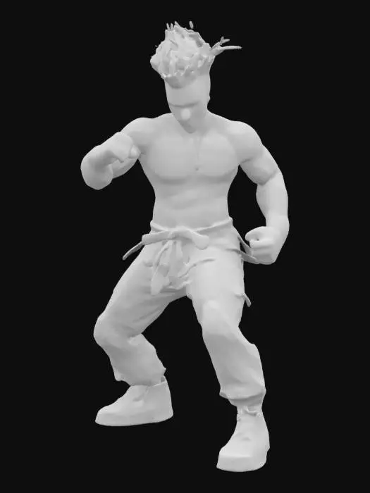 3D model for a lean martial artist with an intense gaze and an edgy mullet hairstyle. Outfit him in a neon green and pink kung fu attire featuring a cobra design, with neon-trimmed gauntlets and colorful sneakers. Highlight exaggerated musculature and dynamic poses, merging McFarlane's gritty detail with Madureira's playful vibrancy, creating an underground fighter's aesthetic.