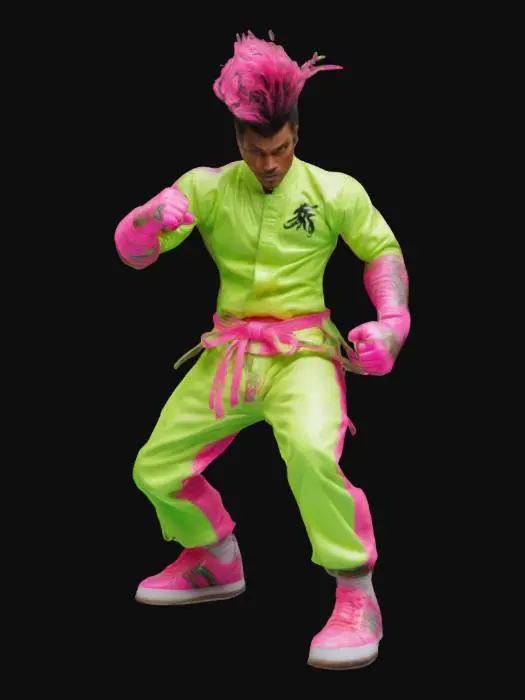 3D model for a lean martial artist with an intense gaze and an edgy mullet hairstyle. Outfit him in a neon green and pink kung fu attire featuring a cobra design, with neon-trimmed gauntlets and colorful sneakers. Highlight exaggerated musculature and dynamic poses, merging McFarlane's gritty detail with Madureira's playful vibrancy, creating an underground fighter's aesthetic.