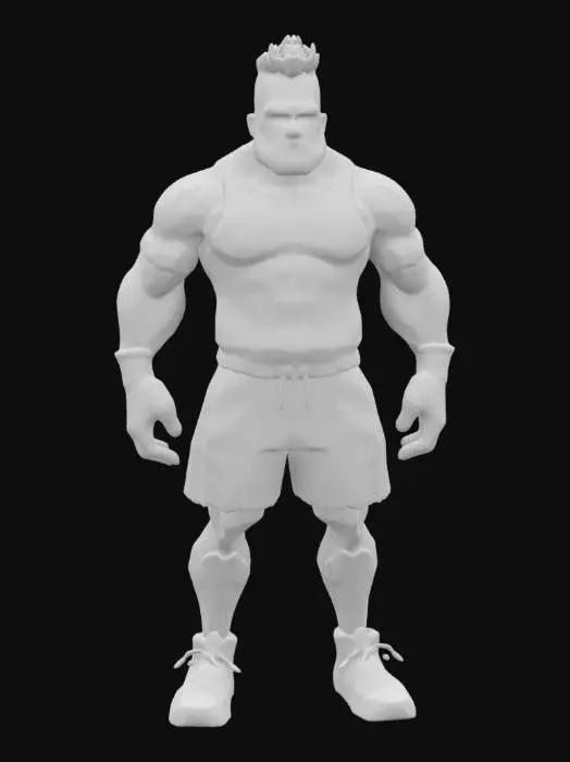 3D model for  a towering powerhouse with a fierce expression and a buzz cut adorned with a neon headband. Dress him in a graphic tank top with a holographic bear print, camo cut-off pants, and knee braces with neon designs. Emphasize his muscular build and intricate features in an '80s neon style, blending McFarlane's detail with Madureira's vivid coloration.