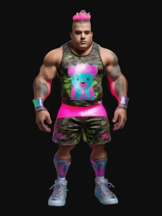3D model for  a towering powerhouse with a fierce expression and a buzz cut adorned with a neon headband. Dress him in a graphic tank top with a holographic bear print, camo cut-off pants, and knee braces with neon designs. Emphasize his muscular build and intricate features in an '80s neon style, blending McFarlane's detail with Madureira's vivid coloration.