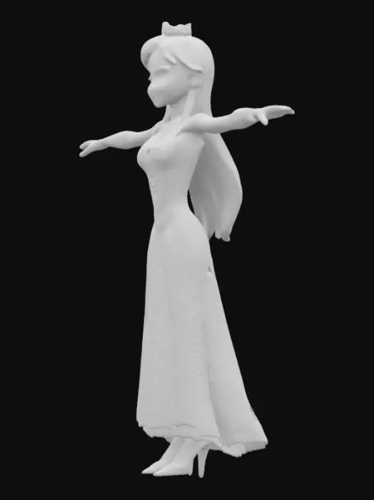 3D model for Can you give me a t posing model of a cartoon Disney like princess who has long blond hair in a green floral encrusted embroidered dress she is skinny and has a innocent expression on her face as well having a tiara on her head