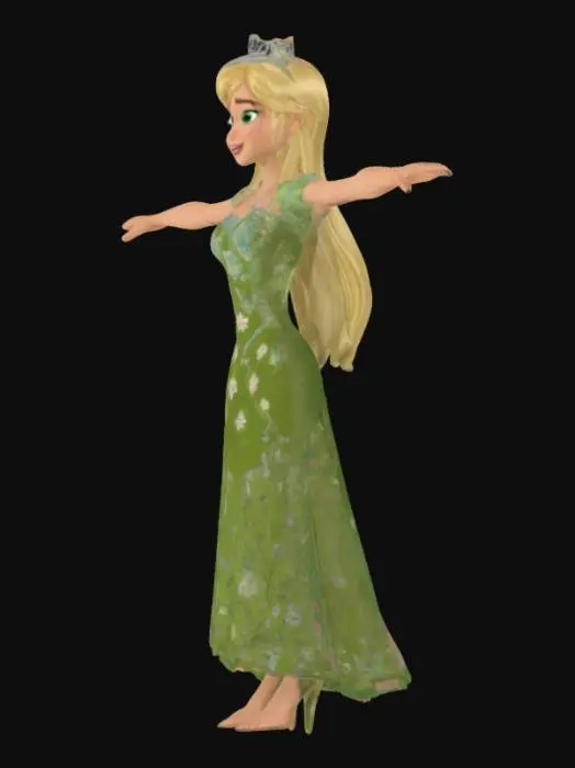 3D model for Can you give me a t posing model of a cartoon Disney like princess who has long blond hair in a green floral encrusted embroidered dress she is skinny and has a innocent expression on her face as well having a tiara on her head