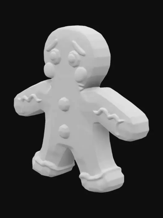 3D model for Can you give me a cute small gingerbread man character he appears worried and there would be an evident bite mark on one of his legs