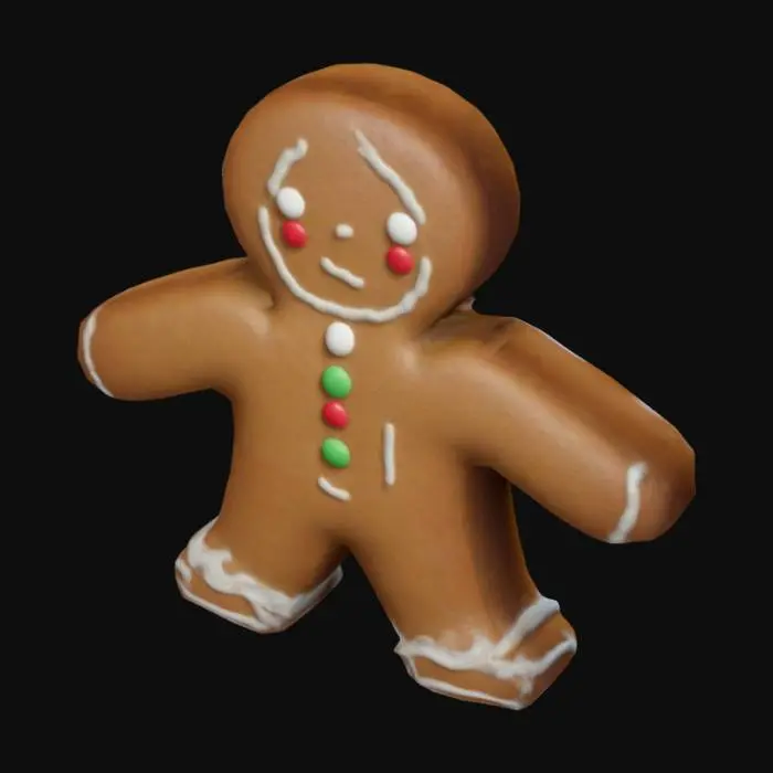 3D model for Can you give me a cute small gingerbread man character he appears worried and there would be an evident bite mark on one of his legs