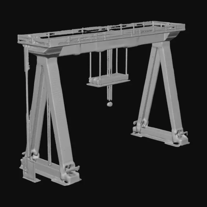 3D model for Large yellow container gantry crane with a tall steel A-frame structure. The crane has two parallel rail-mounted legs, a massive horizontal girder (boom) extending outward, and a trolley system with pulleys, cables, and a spreader used for lifting shipping containers. The frame features ladders, safety railings, maintenance platforms, and support beams. The overall design is industrial, angular, and symmetrical, with robust mechanical joints and realistic metallic textures in bright yellow paint.