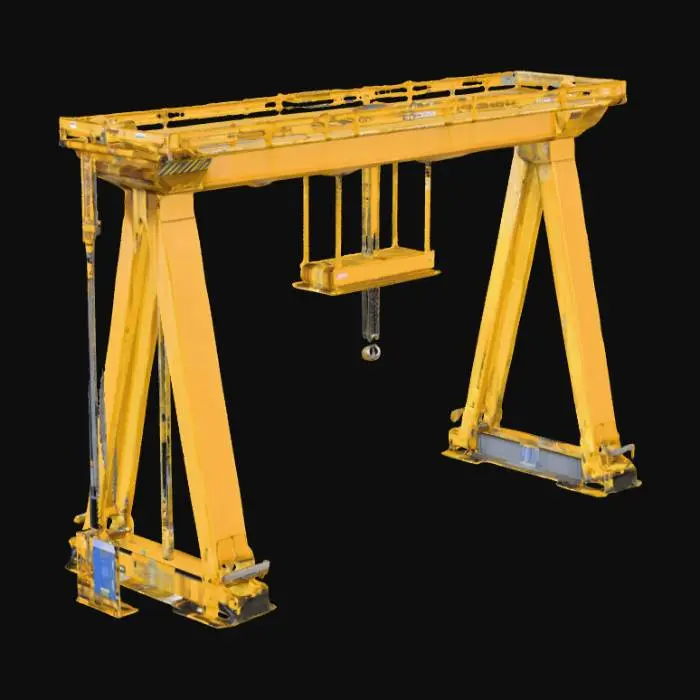 3D model for Large yellow container gantry crane with a tall steel A-frame structure. The crane has two parallel rail-mounted legs, a massive horizontal girder (boom) extending outward, and a trolley system with pulleys, cables, and a spreader used for lifting shipping containers. The frame features ladders, safety railings, maintenance platforms, and support beams. The overall design is industrial, angular, and symmetrical, with robust mechanical joints and realistic metallic textures in bright yellow paint.