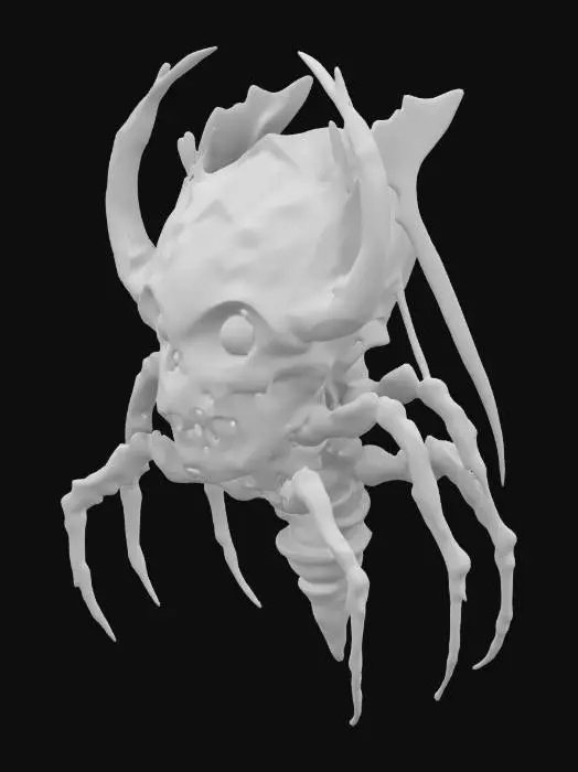 3D model for  Depict a grotesque creature that was once a Maltese helmet, now transformed into a low-slung, six-legged horror. The creature should exude an aura of dark malevolence and unease, fitting within a dark fantasy setting reminiscent of Elden Ring.
Helmet Base: The base form should be clearly identifiable as a corrupted morion or burgonet. Consider a morion with a high comb that has become a jagged, bony ridge along 