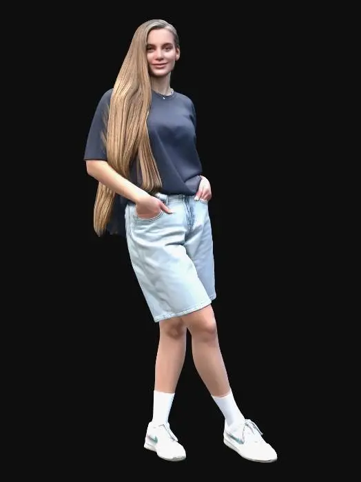 3D model for Long-Haired Casual in Denim Shorts