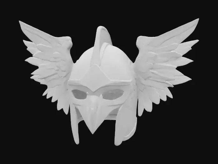 3D model for Hawkblade Crest, a standalone 3D model of a kettle helm with a faceguard, inspired by the hawk as the emblem of an aerial cavalry unit from an imagined empire. Helmet only. Made of polished steel with a bronze beak-like ridge down the centerline. Wings are represented as upward-curving crests on the sides. The visor is wide, angular, and shaped for sharp, aerodynamic symmetry. Realistic shine, with hints of aerodynamic engraving.