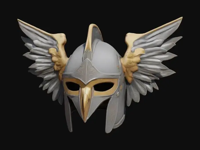 3D model for Hawkblade Crest, a standalone 3D model of a kettle helm with a faceguard, inspired by the hawk as the emblem of an aerial cavalry unit from an imagined empire. Helmet only. Made of polished steel with a bronze beak-like ridge down the centerline. Wings are represented as upward-curving crests on the sides. The visor is wide, angular, and shaped for sharp, aerodynamic symmetry. Realistic shine, with hints of aerodynamic engraving.