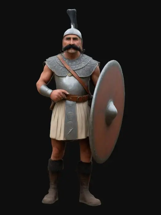 3D model for runic ancient village guard, handlebar mustache, oversized shield, Gaul 