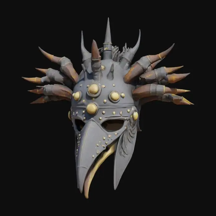 3D model for Vulture King's Crown, a standalone 3D model of a spiked sallet helmet inspired by a desert warrior culture modeled after the vulture. Helmet only. Crafted from matte steel with gold accents. Features a long hooked noseplate that curves downward like a beak, and jagged side crests representing scavenger feathers. The crown bears rusted rivets and ornamental spikes. Realistic desert-worn patina and sand-weathered steel.