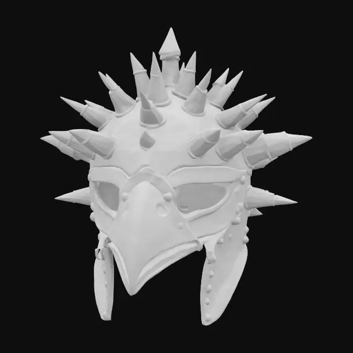3D model for Vulture King's Crown, a standalone 3D model of a spiked sallet helmet inspired by a desert warrior culture modeled after the vulture. Helmet only. Crafted from matte steel with gold accents. Features a long hooked noseplate that curves downward like a beak, and jagged side crests representing scavenger feathers. The crown bears rusted rivets and ornamental spikes. Realistic desert-worn patina and sand-weathered steel.
