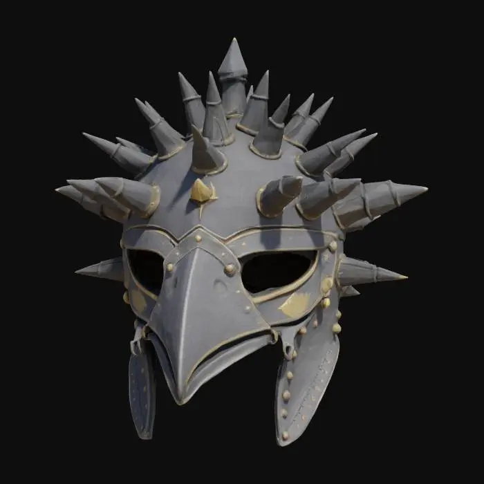 3D model for Vulture King's Crown, a standalone 3D model of a spiked sallet helmet inspired by a desert warrior culture modeled after the vulture. Helmet only. Crafted from matte steel with gold accents. Features a long hooked noseplate that curves downward like a beak, and jagged side crests representing scavenger feathers. The crown bears rusted rivets and ornamental spikes. Realistic desert-worn patina and sand-weathered steel.