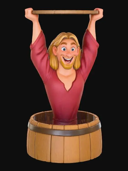 3D model for Create an image
A 3D realistic reinterpretation of Miguel from The Road to El Dorado. He is emerging from a wooden barrel, lifting a round wooden barrel lid above his head with both arms fully raised. He has a big, cheerful smile, expressive eyes, and stylized cartoony proportions translated into polished 3D animation style (similar to DreamWorks/Pixar-quality rendering). He wears a loose red shirt and rolled sleeves , and has blond hair with shoulder-length hair. PNG without background